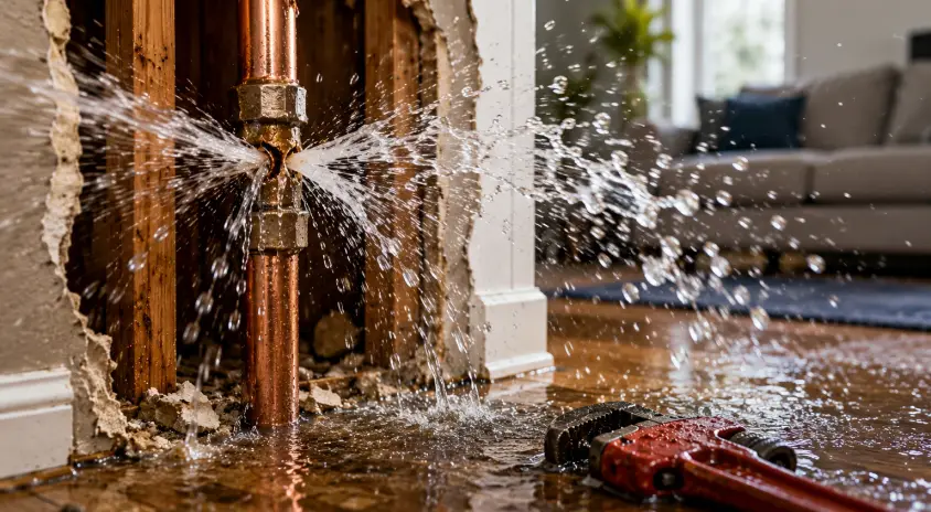 Burst pipe water damage restoration equipment drying a South Florida property