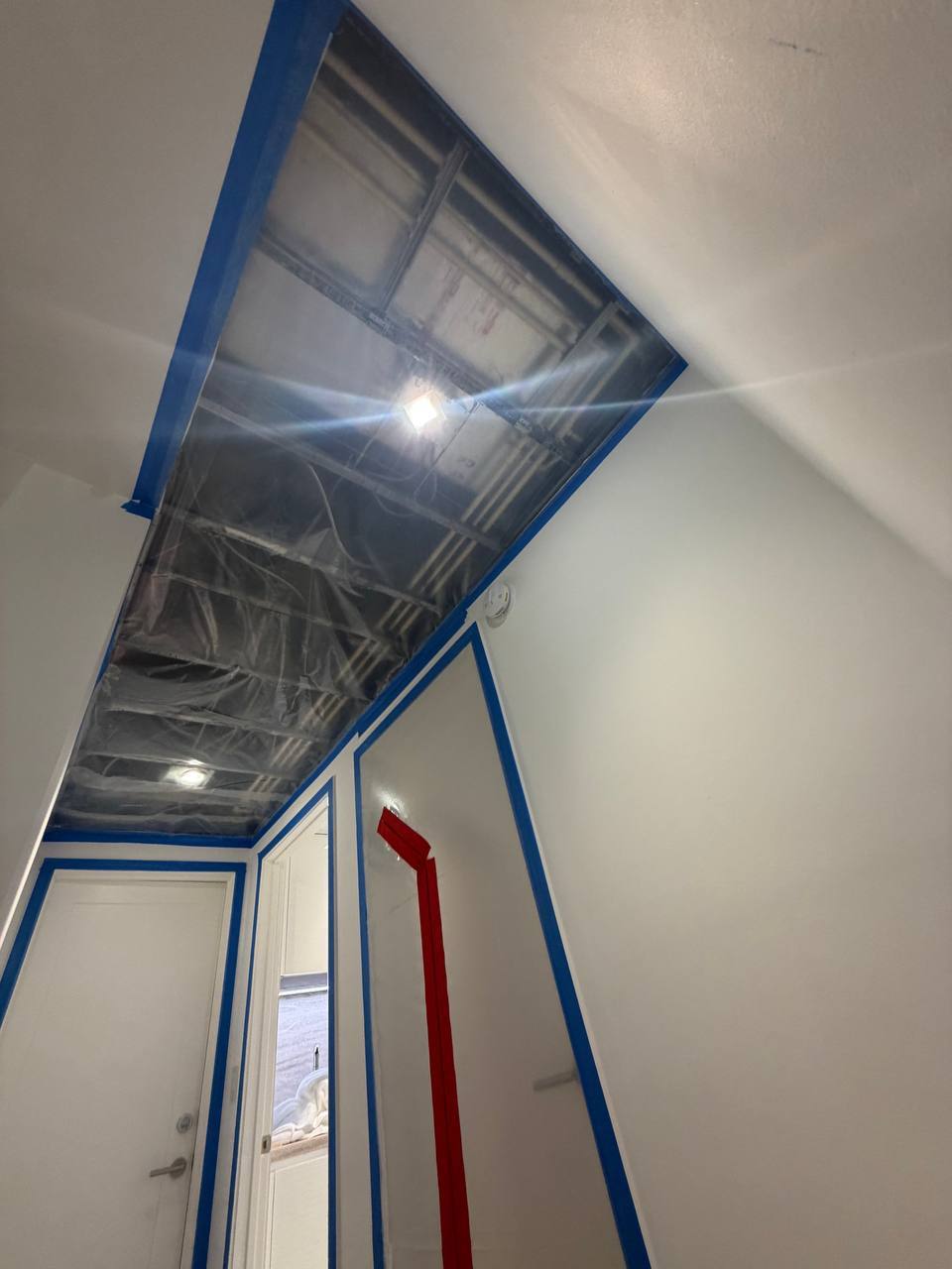 Exposed ceiling framing after moldy drywall removal