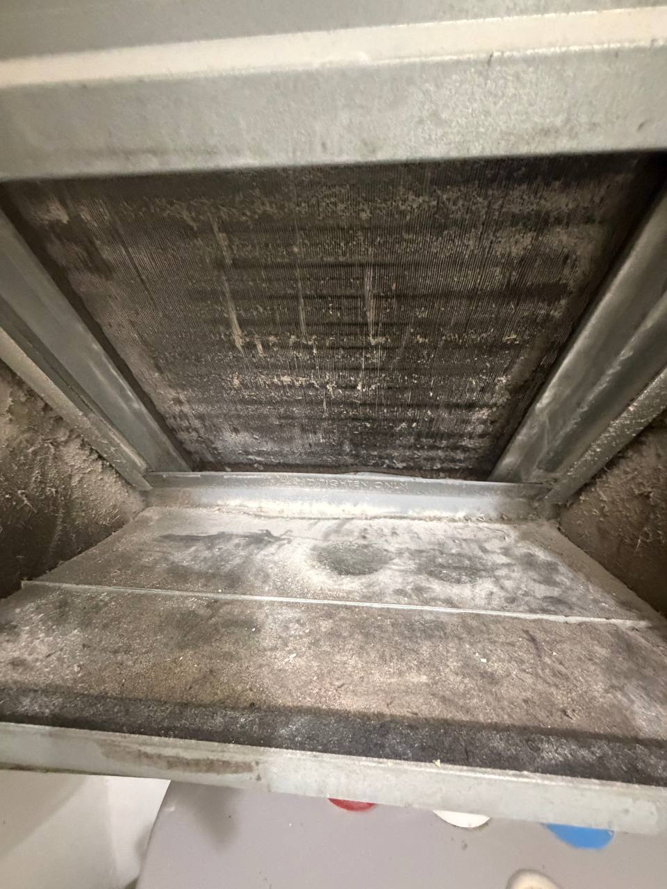 Inspecting heavily soiled HVAC evaporator coil during mold evaluation