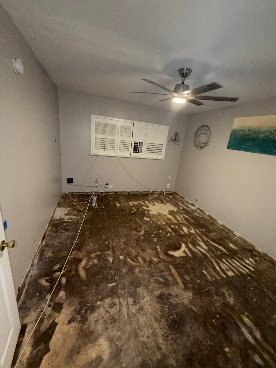 Concrete subfloor exposed after removing water-damaged flooring during mold remediation