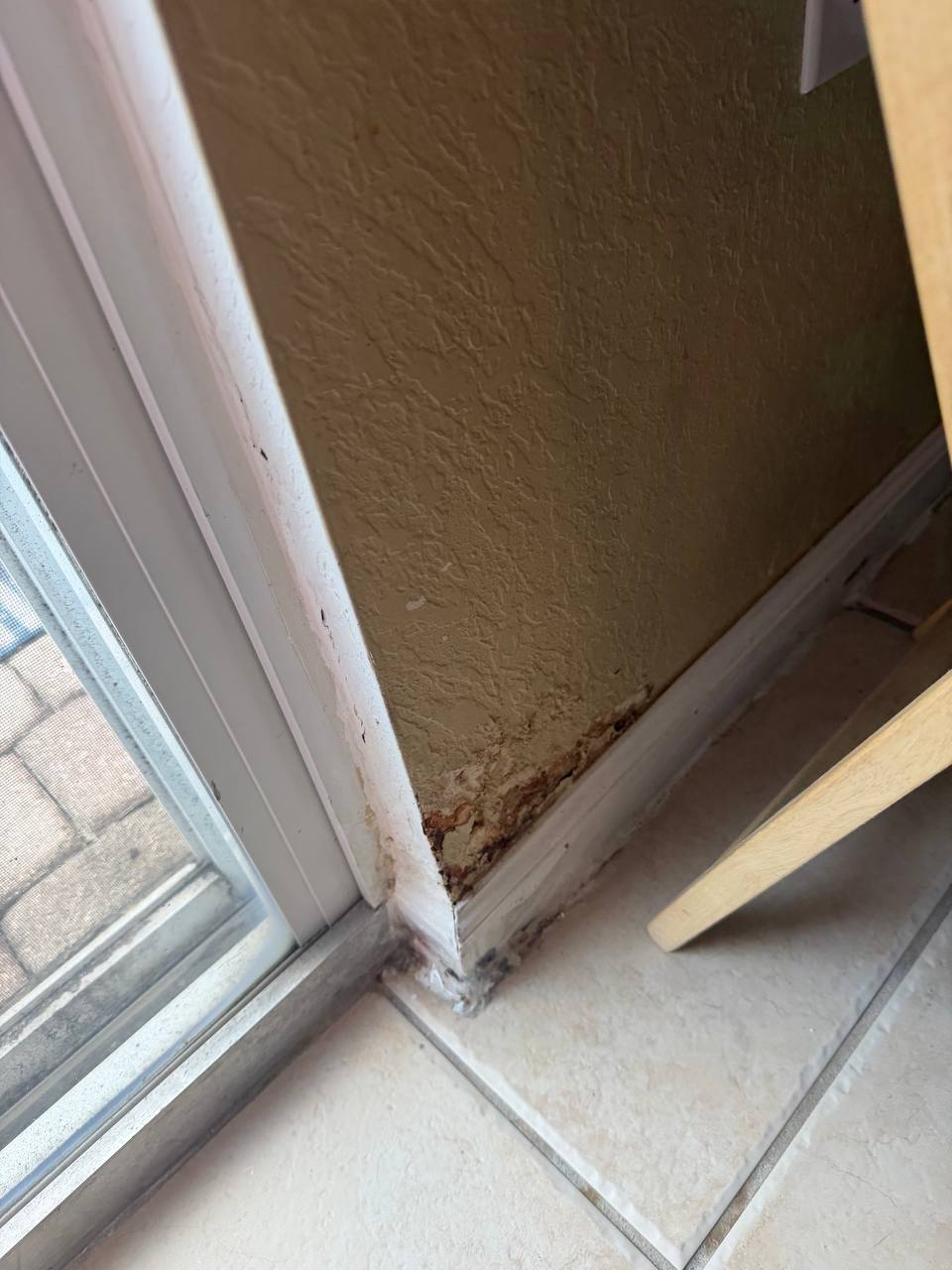 Water damaged drywall and rotting baseboard near sliding glass door threshold