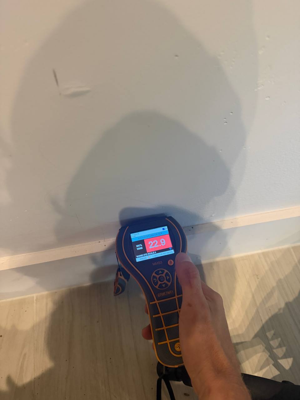 Elevated moisture level of 22.9 percent measured on drywall during mold inspection