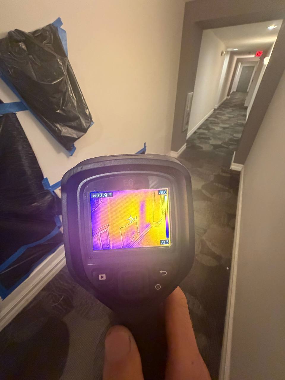 FLIR thermal imaging scan detecting hidden wall moisture in building hallway