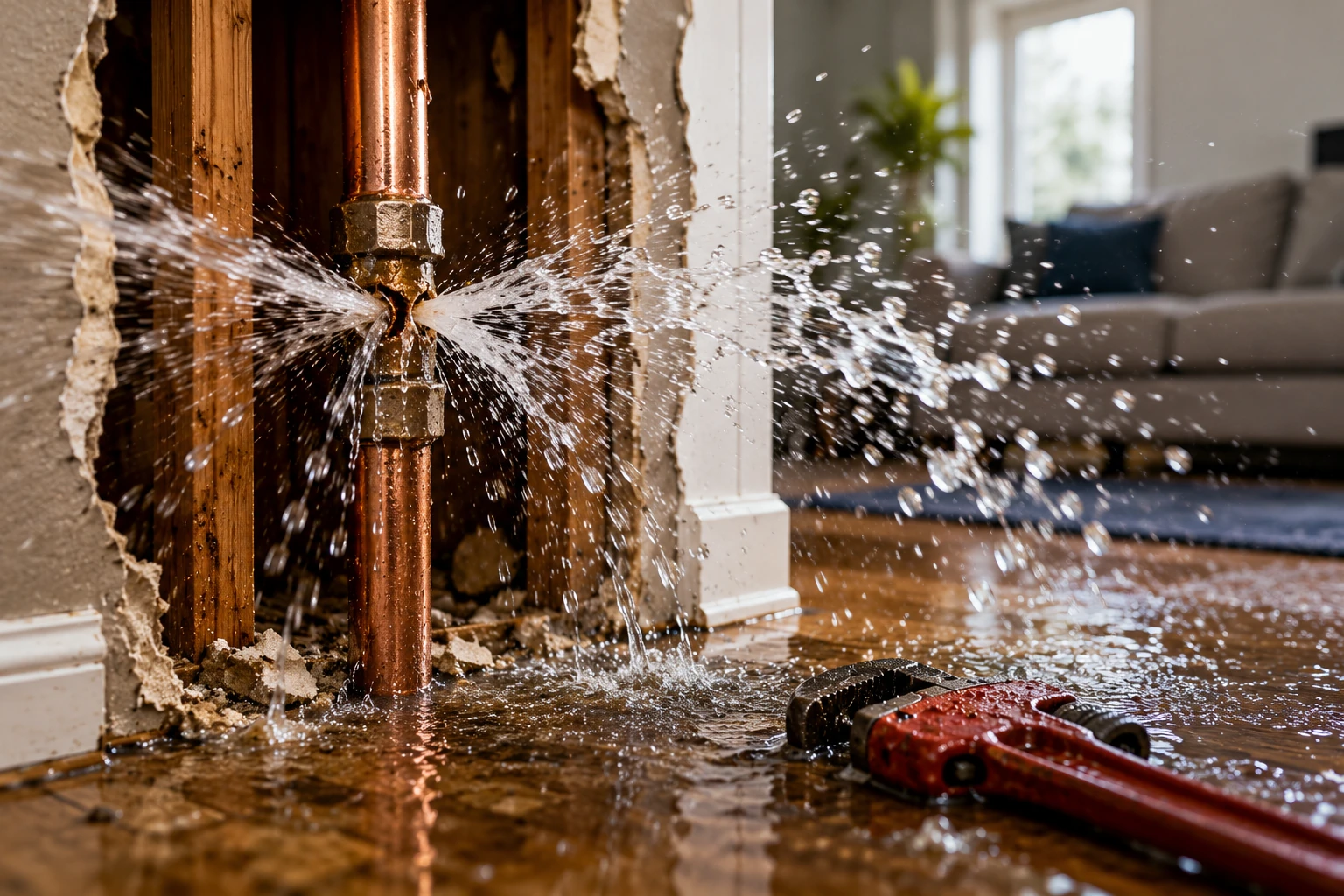 Burst pipe water damage restoration equipment drying a South Florida property